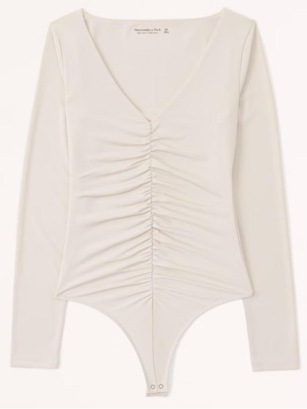 Abercrombie & Fitch Cream Ruched V-Neck Long Sleeve Bodysuit